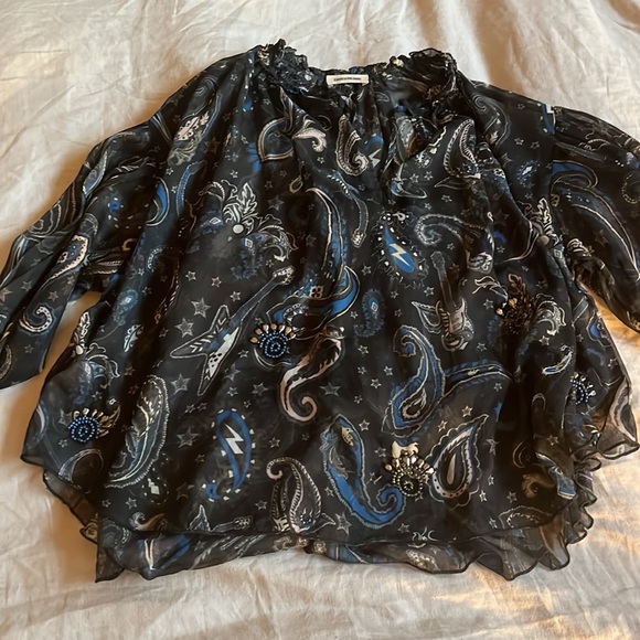 ZADIG & VOLTAIRE Black Talisa Paisley Printed Embellished Smoked Blouse Sz XS 🎸 - Picture 4 of 9